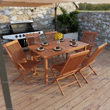 6 Seater Teak Dining Set 183 - Folding Chairs, Rectangular Table