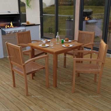 4 Seater Teak Dining Set 196 - Stacking Armchairs, Square Table
