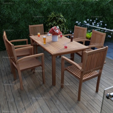 6 Seater Teak Dining Set 198 - Stacking Armchairs, Rectangular Table