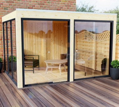 Modern Wooden Gazebo 863 - Pent Roof, Sliding Glass Walls, EPDM Roof